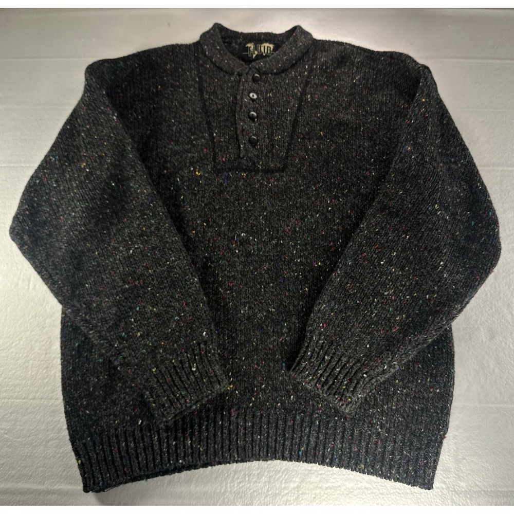 FLUID Fleck Knit Henley Sweater Men's Large Gray Wool Blend Button Pullover